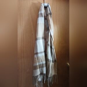 Cozy, Long Beige and Cream Plaid Fringe Scarf